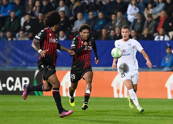(L-R) Dante and Jean-Clair Todibo of Nice and Ondrej Sasinka of Slovacko in action during the UEFA Conference League, 3rd round, Group D match 1. FC Slovacko vs OGC Nice in Uherske Hradiste, Czech Republic, October 6, 2022. (CTKxPhoto DaliborxGluck) CTKPhotoP2022100609176  dg003A