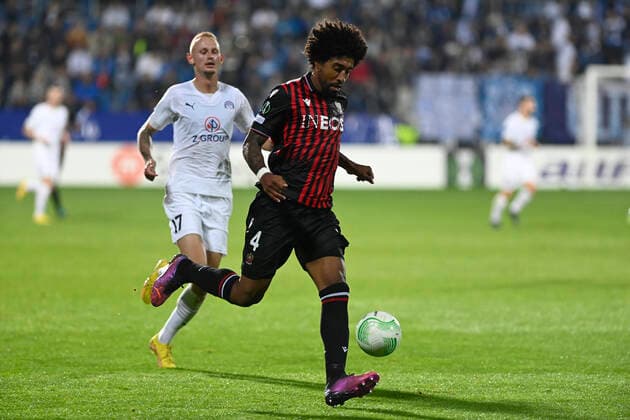 Ondrej Mihalik of Slovacko, left, and Dante of Nice in action during the UEFA Conference League, 3rd round, Group D match 1. FC Slovacko vs OGC Nice in Uherske Hradiste, Czech Republic, October 6, 2022. (CTKxPhoto DaliborxGluck) CTKPhotoP2022100609178  dg006A
