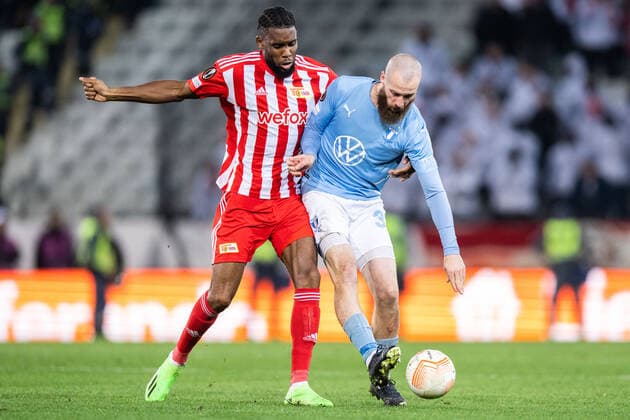 221006 Jordan Siebatcheu of Union Berlin and Jo Inge Berget of Malmö FF during the UEFA Europa League match between Malmö FF and Union Berlin on October 6, 2022 in Malmö Photo Petter Arvidson BILDBYRAN code PA PA0409 football football soccer fotball uefa europa league malmö ff union berlin bbeng,  Copyright: PETTERxARVIDSON BB221006PA087