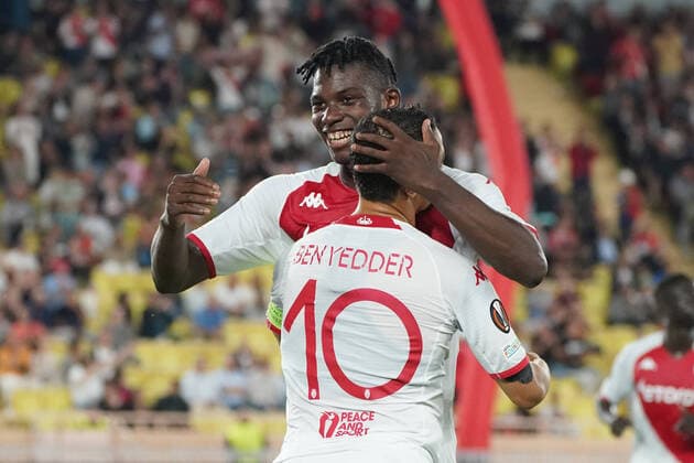 Joie - Wissam Ben Yedder (AS Monaco) - Breel Embolo (AS Monaco) FOOTBALL : AS Monaco vs Trabzonspor - Ligue Europa - Phase de groupe - Monaco - 06 10 2022 NorbertScanella Panoramic 