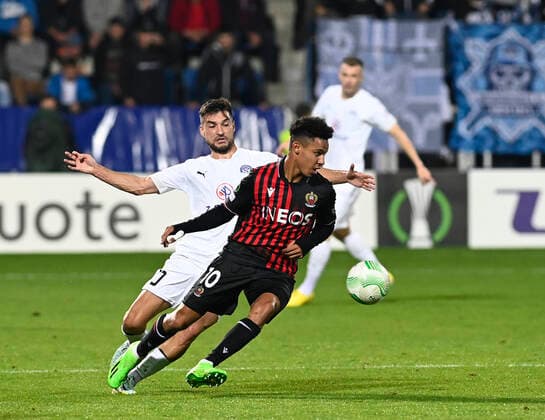 Michal Tomic of Slovacko, left, and Sofiane Diop of Nice in action during the UEFA Conference League, 3rd round, Group D match 1. FC Slovacko vs OGC Nice in Uherske Hradiste, Czech Republic, October 6, 2022. (CTKxPhoto DaliborxGluck) CTKPhotoP2022100609222  dg007A