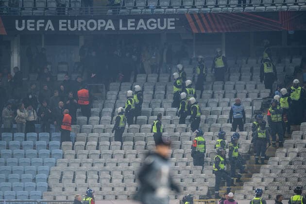 221006 Police in the stands during the UEFA Europa League match between Malmö FF and Union Berlin on October 6, 2022 in Malmö Photo Petter Arvidson BILDBYRAN code PA PA0409 football football soccer fotball uefa europa league malmö ff union berlin bbeng audience,  Copyright: PETTERxARVIDSON BB221006PA103
