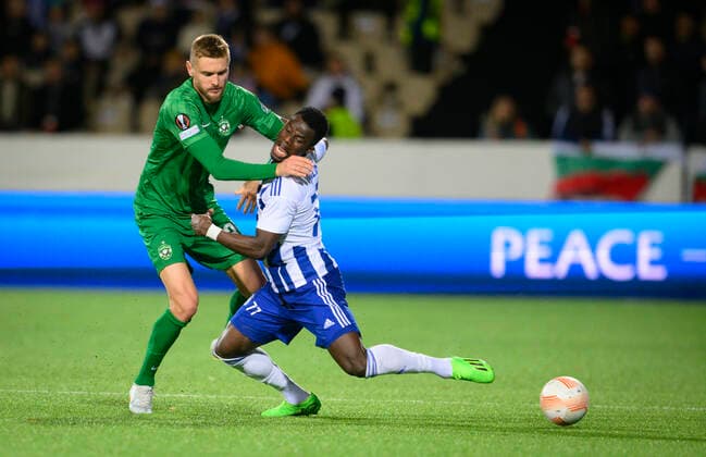 Pedro Naressi 30 of Ludogorets and Malik Abubakari 77 of HJK during the UEFA Europa League football Group C match between HJK Helsinki - Ludogoretss at the Bolt Arena on October 10. 2022 in Helsinki, Finland. (Jussi Eskola Newspix24)  Copyright: xJussixEskolax np24thje621102060