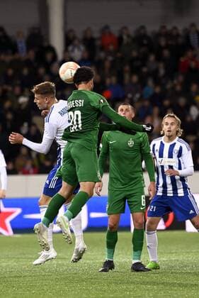 Bojan Radulovic of HJK and Pedro Naressi (F) of Ludogorets go for a header during the UEFA Europa League Group C first leg football match HJK Helsinki vs PFC Ludogorets Razgrad in Helsinki, Finland on October 6, 2022. Helsinki Finland LKFTJK20221006213242KQQJ  Copyright: xEmmixKorhonenx LKFTJK20221006213242KQQJ