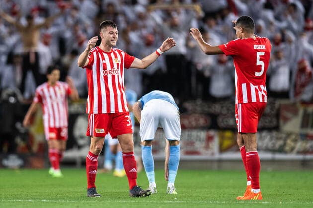 221006 Robin Knoche and Danilho Doekhi of Union Berlin celebrate after the UEFA Europa League match between Malmö FF and Union Berlin on October 6, 2022 in Malmö Photo Petter Arvidson BILDBYRAN code PA PA0409 football football soccer fotball uefa europa league malmö ff union berlin bbeng jubel,  Copyright: PETTERxARVIDSON BB221006PA157