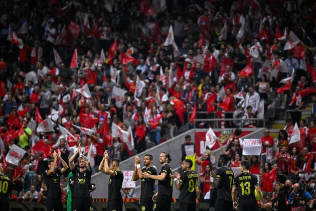 Union s players pictured at the start of a match between the Portugese club SC Braga and Belgian soccer team Royale Union Saint-Gilloise, Thursday 06 October 2022 in Braga, Portugal, the third game out of six in the group stage of the UEFA Europa League competition. LAURIExDIEFFEMBACQ  x46399808x