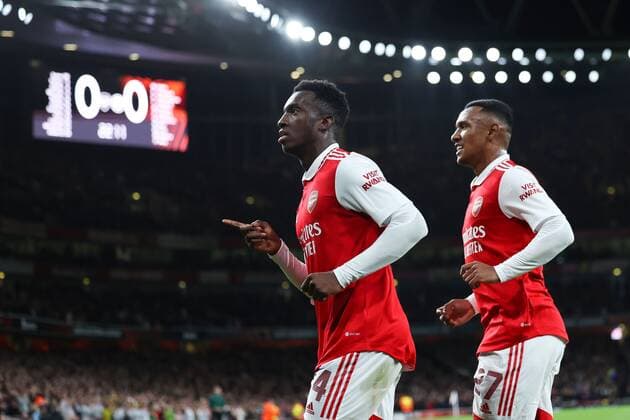Mandatory Credit: Photo by Simon Dael Shutterstock (13442648l) Eddie Nketiah of Arsenal celebrates after scoring a goal (1-0) Arsenal v Bodo Glimt, UEFA Europa League, Group A, Football, Emirates Stadium, London, UK - 06 Oct 2022 EDITORIAL USE ONLY No use with unauthorised audio, video, data, fixture lists, club league logos or live services. Online in-match use limited to 120 images, no video emulation. No use in betting, games or single club league player publications. Arsenal v Bodo Glimt, UEFA Europa League, Group A, Football, Emirates Stadium, London, UK - 06 Oct 2022 EDITORIAL USE ONLY No use with unauthorised audio, video, data, fixture lists, club league logos or live services. Online in-match use limited to 120 images, no video emulation. No use in betting, games or single club league player publications. Copyright: xSimonxDael Shutterstockx 13442648l