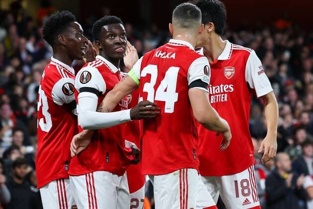 Mandatory Credit: Photo by Simon Dael Shutterstock (13442648m) Eddie Nketiah of Arsenal celebrates after scoring a goal (1-0) Arsenal v Bodo Glimt, UEFA Europa League, Group A, Football, Emirates Stadium, London, UK - 06 Oct 2022 EDITORIAL USE ONLY No use with unauthorised audio, video, data, fixture lists, club league logos or live services. Online in-match use limited to 120 images, no video emulation. No use in betting, games or single club league player publications. Arsenal v Bodo Glimt, UEFA Europa League, Group A, Football, Emirates Stadium, London, UK - 06 Oct 2022 EDITORIAL USE ONLY No use with unauthorised audio, video, data, fixture lists, club league logos or live services. Online in-match use limited to 120 images, no video emulation. No use in betting, games or single club league player publications. Copyright: xSimonxDael Shutterstockx 13442648m