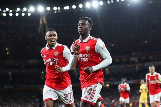 Mandatory Credit: Photo by Simon Dael Shutterstock (13442648n) Eddie Nketiah of Arsenal celebrates after scoring a goal (1-0) Arsenal v Bodo Glimt, UEFA Europa League, Group A, Football, Emirates Stadium, London, UK - 06 Oct 2022 EDITORIAL USE ONLY No use with unauthorised audio, video, data, fixture lists, club league logos or live services. Online in-match use limited to 120 images, no video emulation. No use in betting, games or single club league player publications. Arsenal v Bodo Glimt, UEFA Europa League, Group A, Football, Emirates Stadium, London, UK - 06 Oct 2022 EDITORIAL USE ONLY No use with unauthorised audio, video, data, fixture lists, club league logos or live services. Online in-match use limited to 120 images, no video emulation. No use in betting, games or single club league player publications. Copyright: xSimonxDael Shutterstockx 13442648n