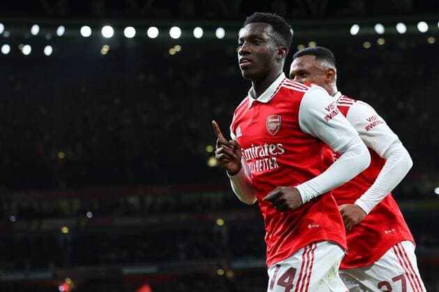 Mandatory Credit: Photo by Simon Dael Shutterstock (13442648k) Eddie Nketiah of Arsenal celebrates after scoring a goal (1-0) Arsenal v Bodo Glimt, UEFA Europa League, Group A, Football, Emirates Stadium, London, UK - 06 Oct 2022 EDITORIAL USE ONLY No use with unauthorised audio, video, data, fixture lists, club league logos or live services. Online in-match use limited to 120 images, no video emulation. No use in betting, games or single club league player publications. Arsenal v Bodo Glimt, UEFA Europa League, Group A, Football, Emirates Stadium, London, UK - 06 Oct 2022 EDITORIAL USE ONLY No use with unauthorised audio, video, data, fixture lists, club league logos or live services. Online in-match use limited to 120 images, no video emulation. No use in betting, games or single club league player publications. Copyright: xSimonxDael Shutterstockx 13442648k