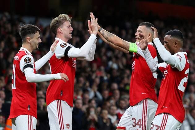 Mandatory Credit: Photo by Simon Dael Shutterstock (13442648t) a16 celebrates after scoring a goal (2-0) Arsenal v Bodo Glimt, UEFA Europa League, Group A, Football, Emirates Stadium, London, UK - 06 Oct 2022 EDITORIAL USE ONLY No use with unauthorised audio, video, data, fixture lists, club league logos or live services. Online in-match use limited to 120 images, no video emulation. No use in betting, games or single club league player publications. Arsenal v Bodo Glimt, UEFA Europa League, Group A, Football, Emirates Stadium, London, UK - 06 Oct 2022 EDITORIAL USE ONLY No use with unauthorised audio, video, data, fixture lists, club league logos or live services. Online in-match use limited to 120 images, no video emulation. No use in betting, games or single club league player publications. Copyright: xSimonxDael Shutterstockx 13442648t
