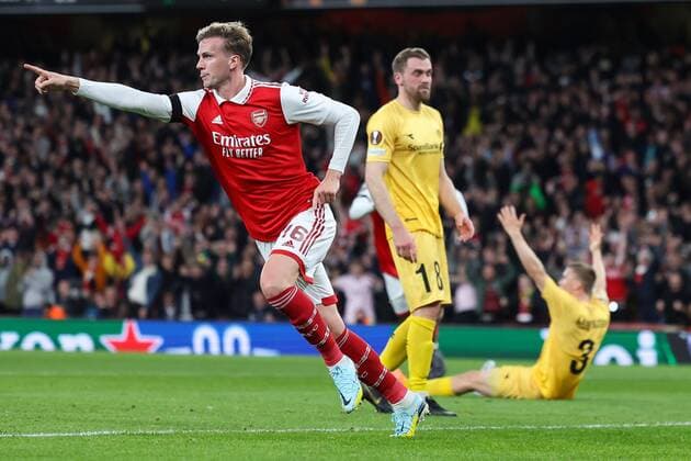 Mandatory Credit: Photo by Simon Dael Shutterstock (13442648p) a16 celebrates after scoring a goal (2-0) Arsenal v Bodo Glimt, UEFA Europa League, Group A, Football, Emirates Stadium, London, UK - 06 Oct 2022 EDITORIAL USE ONLY No use with unauthorised audio, video, data, fixture lists, club league logos or live services. Online in-match use limited to 120 images, no video emulation. No use in betting, games or single club league player publications. Arsenal v Bodo Glimt, UEFA Europa League, Group A, Football, Emirates Stadium, London, UK - 06 Oct 2022 EDITORIAL USE ONLY No use with unauthorised audio, video, data, fixture lists, club league logos or live services. Online in-match use limited to 120 images, no video emulation. No use in betting, games or single club league player publications. Copyright: xSimonxDael Shutterstockx 13442648p