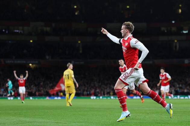 Mandatory Credit: Photo by Simon Dael Shutterstock (13442648s) a16 celebrates after scoring a goal (2-0) Arsenal v Bodo Glimt, UEFA Europa League, Group A, Football, Emirates Stadium, London, UK - 06 Oct 2022 EDITORIAL USE ONLY No use with unauthorised audio, video, data, fixture lists, club league logos or live services. Online in-match use limited to 120 images, no video emulation. No use in betting, games or single club league player publications. Arsenal v Bodo Glimt, UEFA Europa League, Group A, Football, Emirates Stadium, London, UK - 06 Oct 2022 EDITORIAL USE ONLY No use with unauthorised audio, video, data, fixture lists, club league logos or live services. Online in-match use limited to 120 images, no video emulation. No use in betting, games or single club league player publications. Copyright: xSimonxDael Shutterstockx 13442648s