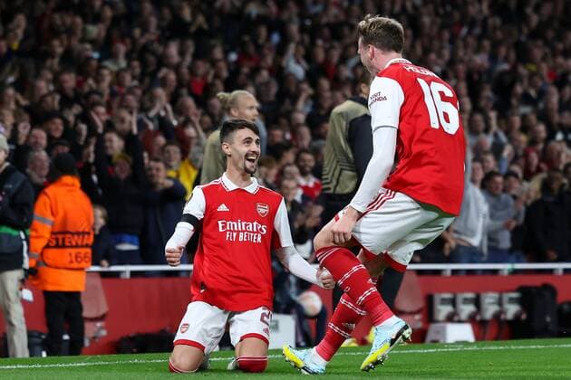 Mandatory Credit: Photo by Simon Dael Shutterstock (13442648u) a16 celebrates after scoring a goal (2-0) Arsenal v Bodo Glimt, UEFA Europa League, Group A, Football, Emirates Stadium, London, UK - 06 Oct 2022 EDITORIAL USE ONLY No use with unauthorised audio, video, data, fixture lists, club league logos or live services. Online in-match use limited to 120 images, no video emulation. No use in betting, games or single club league player publications. Arsenal v Bodo Glimt, UEFA Europa League, Group A, Football, Emirates Stadium, London, UK - 06 Oct 2022 EDITORIAL USE ONLY No use with unauthorised audio, video, data, fixture lists, club league logos or live services. Online in-match use limited to 120 images, no video emulation. No use in betting, games or single club league player publications. Copyright: xSimonxDael Shutterstockx 13442648u