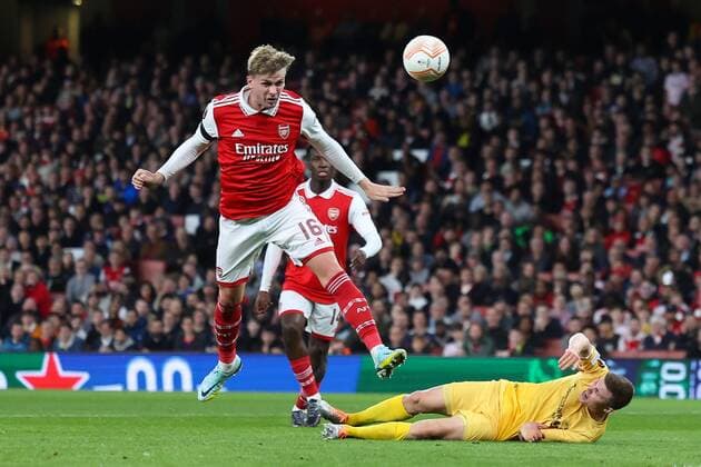Mandatory Credit: Photo by Simon Dael Shutterstock (13442648q) Rob Holding of Arsenal scoring a goal (2-0) Arsenal v Bodo Glimt, UEFA Europa League, Group A, Football, Emirates Stadium, London, UK - 06 Oct 2022 EDITORIAL USE ONLY No use with unauthorised audio, video, data, fixture lists, club league logos or live services. Online in-match use limited to 120 images, no video emulation. No use in betting, games or single club league player publications. Arsenal v Bodo Glimt, UEFA Europa League, Group A, Football, Emirates Stadium, London, UK - 06 Oct 2022 EDITORIAL USE ONLY No use with unauthorised audio, video, data, fixture lists, club league logos or live services. Online in-match use limited to 120 images, no video emulation. No use in betting, games or single club league player publications. Copyright: xSimonxDael Shutterstockx 13442648q