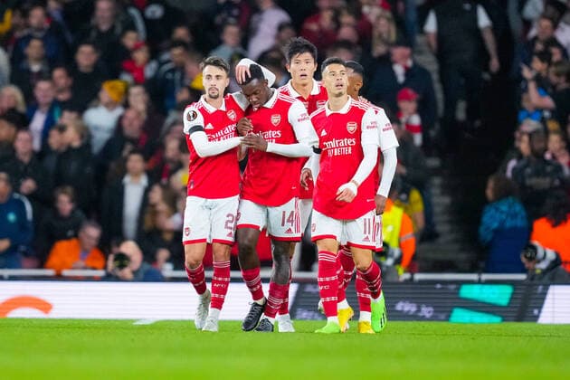 UEFA Europa League 2022 2023 Arsenal Bodo Glimt London, England 20221006 Arsenals players celebrate after scoring during the Europa League group stage match between Arsenal and Bodo Glimt at the Emirates Stadium Photo Beate Oma Dahle NTB London England  Copyright: xBeatexOmaxDahlex xNTBx EDITORIAL USE ONLY. RESTRICTED USE FOR BETTING COMPANIES