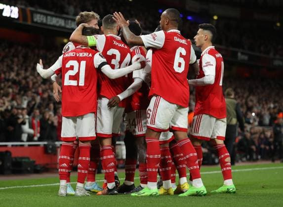 London, England, 6th October 2022. Rob Holding of Arsenal celebrates with team mates after scoring to make it 2-0 during the UEFA Europa League match at the Emirates Stadium, London. Picture credit should read: Paul Terry Sportimage EDITORIAL USE ONLY. No use with unauthorised audio, video, data, fixture lists, club league logos or live services. Online in-match use limited to 120 images, no video emulation. No use in betting, games or single club league player publications. SPI-1926-0019