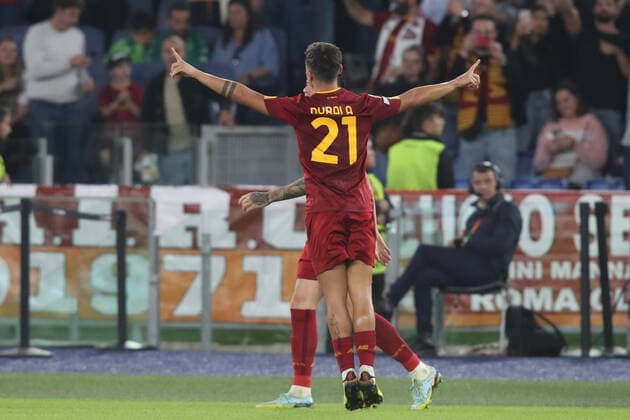 ROME, Italy - 06.10.2022: Paulo Dybala (AS ROMA) score penalty and celebrates during the UEFA Europe League group C match between AS Roma and Real Betis Seville at the Olympic Stadium on October 10, 2022 in Rome, Italy.  Copyright: xMarcoxIacobuccix xipa-agency.netx xMarcoxIacobuccix 0