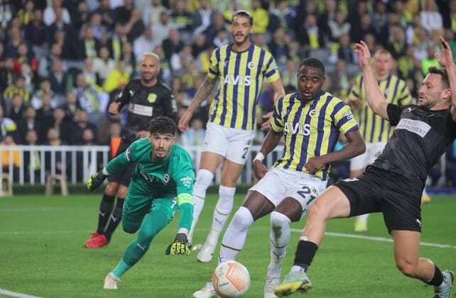 Fenerbahce™s Altay Bayindir and Bright Osayi-Samuel during Fenerbahce AEK Athens UEFA Europa League game at Ulker Arena in Istanbul, Turkey. Copyright: TolgaxAdanali 17697101