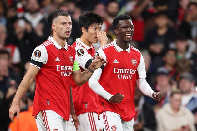 Arsenal gegen Bodo Glimt 06. Oktober 2022, London Europa League Gruppenphase Arsenal gegen Bodo Glimt Eddie Nketiah von Arsenal jubelt nach seinem ersten Tor Foto Jacques Feeney Offside London UK  Copyright: xJacquesxFeeneyx xOffsidexOffside