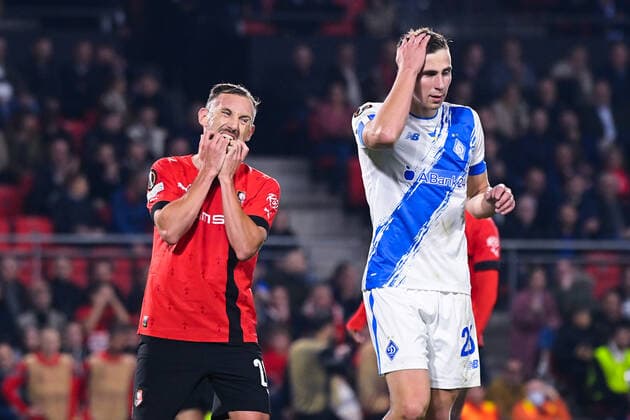Sport Bilder des Tages Attitude - Deception de TAIT Flavien ( 20 - Rennes ) - Illia Zabarnyi ( 25 - Dynamo Kiev ) - FOOTBALL : Rennes vs Dynamo Kiev - Ligue Europa - 06 10 2022 FedericoPestellini Panoramic 