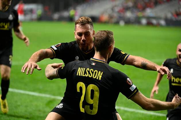 BRAGA, PORTUGAL - OCTOBER 06 : Gustav Nilsson celebrates after scoring during Uefa Europa league match between SC Braga and Union St-Gilloise on October 6, 2022 in Estadio Municipal de Braga Braga, Portugal, 6 10 2022 ( SC Braga v Union St-Gilloise : Uefa Europa league PhotoNews Panoramic 