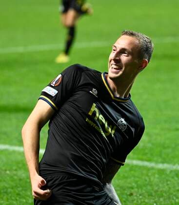 BRAGA, PORTUGAL - OCTOBER 06 : Gustav Nilsson celebrates after scoring during Uefa Europa league match between SC Braga and Union St-Gilloise on October 6, 2022 in Estadio Municipal de Braga Braga, Portugal, 6 10 2022 ( SC Braga v Union St-Gilloise : Uefa Europa league PhotoNews Panoramic 