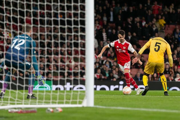 Mandatory Credit: Photo by Juan Gasparini JMP Shutterstock (13443926by) Fabio Vieira of Arsenal in action Arsenal v Bodo Glimt, UK - 06 Oct 2022 Editorial use only Arsenal v Bodo Glimt, UK - 06 Oct 2022 Editorial use only  Copyright: xJuanxGasparini JMP Shutterstockx 13443926by