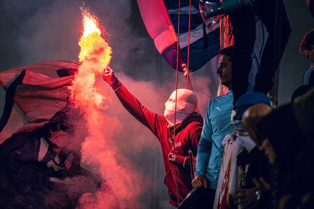 Malmo FF v Union Berlin, UEFA Europa League football, Malmoe, Sweden Malmoe, Sweden. 06th, October 2022. A football fan of Malmo FF seen with a flare on the stands during the UEFA Europa League match between Malmo FF and Union Berlin at Eleda Stadion in Malm?. Malm? Sweden  Copyright: xGonzalesxPhoto JoexMillerx
