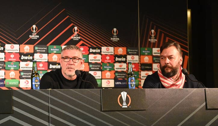 Football, men, season 2022 2023, Europa League, Malmö FF 1 FC Union Berlin 0 1, group stage, group D, matchday 3 , v l coach Urs Fischer 1 FC Union , press and stadium spokesman Christian Arbeit 1 FC Union , 06 10 2022, Copyright: xMatthiasxKochx