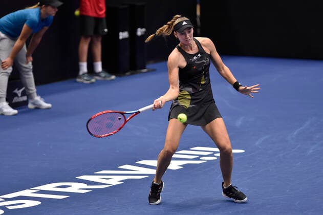 Elena Rybakina of Kazakhstan in action during the WTA, Tennis Damen Agel Open 2022 women s tennis tournament match against Barbora Krejcikova of Czech Republic, on October 8, 2022, in Ostrava, Czech Republic. (CTKxPhoto JaroslavxOzana) CTKPhotoP2022100803734  JAO 10