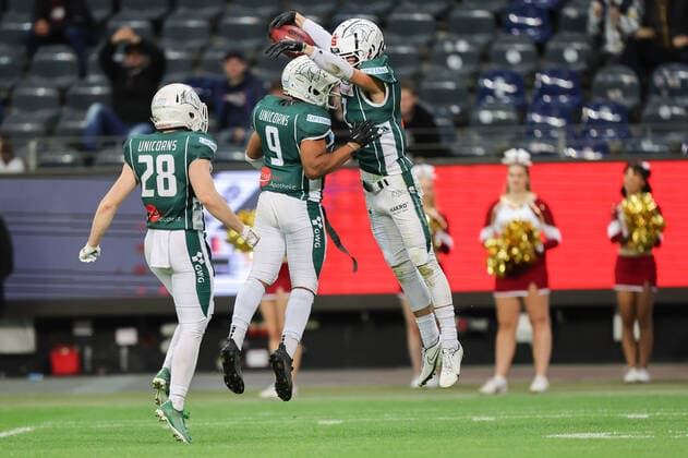 Potsdam Royals Schwäbisch Hall Unicorns, German Bowl XLIII Jan Klenk Unicorns, 28 , and Giuseppe Della Vecchia Unicorns, 9 cheer the interception of Alex Spillum Unicorns, 2 Final of the erima GFL between the Potsdam Royals and the Schwäbisch Hall Unicorns on October 8, 2022 at Deutsche Bank Park in Frankfurt am Main , Frankfurt am Main Hesse Germany Deutsche Bank Park