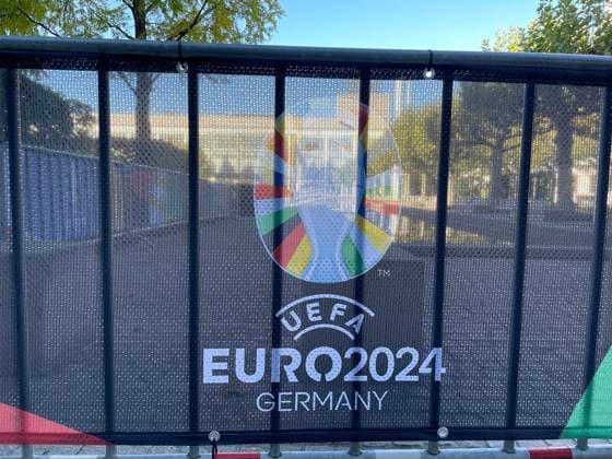 Logo of EM2024 at the barriers during the draw of the qualifying groups for the European Championship 2024 in the Festhalle Frankfurt 09 10 2022 EURO2024 Qualifying Draw EM 2024 Draw of the qualifying groups, Festhalle Frankfurt