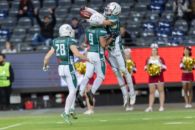 Potsdam Royals Schwäbisch Hall Unicorns, German Bowl XLIII Giuseppe Della Vecchia Unicorns, 9 and Jan Klenk Unicorns, 28 cheer the action of Alex Spillum Unicorns, 2 Final of erima GFL between Potsdam Royals and Schwäbisch Hall Unicorns on October 8, 2022 at Deutsche Bank Park in Frankfurt am Main , Frankfurt am Main Hesse Germany Deutsche Bank Park