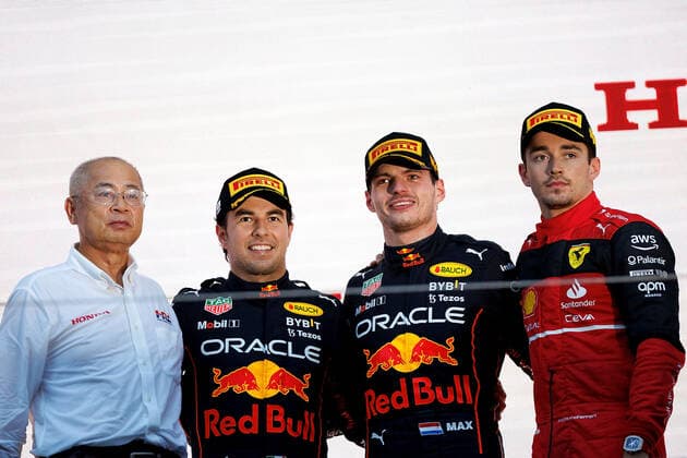 Formula 1 2022 Honda Japanese Grand Prix 09 10 2022, Suzuka International Racing Course, Suzuka, Formula 1 2022 Honda Japanese Grand Prix , in picture Formula 1 World Champion 2022 Max Verstappen NEL , Oracle Red Bull Racing, 2nd place for Sergio Perez MEX , Oracle Red Bull Racing, 3rd place for Charles Leclerc MCO , Scuderia Ferrari nordphotoxGmbHx xBratic nph00250