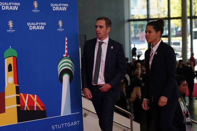 EURO2024 Ambassadors Philipp Lahm and Celia Sasic at the draw of the qualifying groups for the European Championship 2024 in the Festhalle Frankfurt 09 10 2022 EURO2024 Qualifying Draw EM 2024 Draw of the qualifying groups, Festhalle Frankfurt