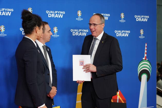 EURO2024 Ambassadors Philipp Lahm and Celia Sasic with Hesses Minister of the Interior Peter Beuth at the draw for the qualifying groups for the 2024 European Championship in Frankfurts Festhalle 09 10 2022 EURO2024 Qualifying Draw EM 2024 Draw for the qualifying groups, Festhalle Frankfurt