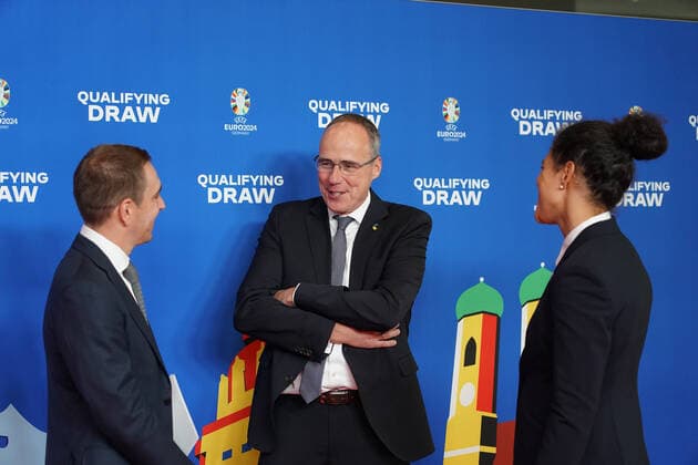 EM Ambassadors Philipp Lahm and Celia Sasic with Ralf Rangnick coach Austria at the draw of the qualifying groups for the European Championship 2024 in the Festhalle Frankfurt 09 10 2022 EURO2024 Qualifying Draw EM 2024 draw of the qualifying groups, Festhalle Frankfurt
