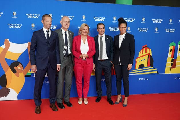 Aleksandar Ceferin UEFA President , Interior Minister Nancy Faeser and Philipp Lahm, Celia Sasic at the draw of the qualifying groups for the European Championship 2024 in Frankfurt Festhalle 09 10 2022 EURO2024 Qualifying Draw EM 2024 Draw of the qualifying groups, Festhalle Frankfurt