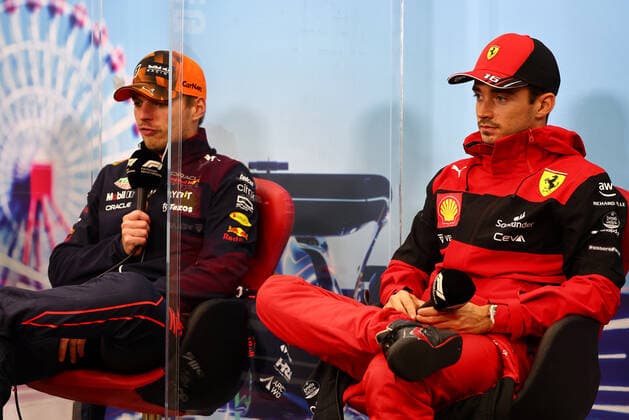 From left to right: Max Verstappen (NLD) Red Bull Racing and Charles Leclerc (MON) Ferrari, portrait in the post race FIA press conference, PK, Pressekonferenz during the Formula 1 Honda Japanese Grand Prix 2022, 18th round of the 2022 FIA Formula One World Championship, WM, Weltmeisterschaft from Octobre 7 to 9, 2022 on the Suzuka International Racing Course, in Suzuka, Mie Prefecture, Japan - F1 - JAPANESE GRAND PRIX 2022 - RACE DPPI Panoramic  JAPAN_SUNDAY_FIA_PRESS_CONF_10