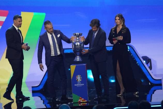 Henri Delaunay trophy is brought by Gianluca Zambrotta l and Demetrio Albertini r at the draw of the qualifying groups for the European Championship 2024 in Frankfurt Festhalle 09 10 2022 EURO2024 Qualifying Draw EM 2024 draw of the qualifying groups, Festhalle Frankfurt