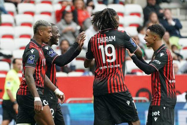 Joie - Nicolas Pepe (OGC Nice) - Sofiane Diop (OGC Nice) - Mario Lemina (OGC Nice) - Khephren Thuram (OGC Nice) FOOTBALL : OGC Nice vs Troyes - Ligue 1 Uber Eats - Nice - 09 10 2022 NorbertScanella Panoramic 