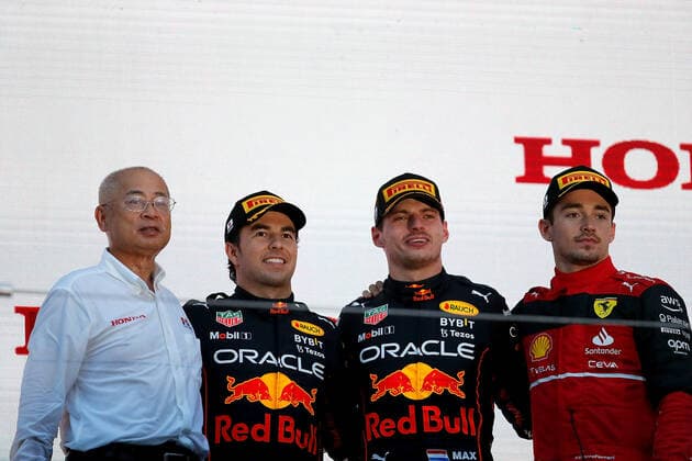 Formula 1 2022 Honda Japanese Grand Prix 09 10 2022, Suzuka International Racing Course, Suzuka, Formula 1 2022 Honda Japanese Grand Prix , in picture World Champion 2022 Max Verstappen NEL , Oracle Red Bull Racing, Sergio Perez MEX , Oracle Red Bull Racing, Charles Leclerc MCO , Scuderia Ferrari nordphotoxGmbHx xBratic nph00250
