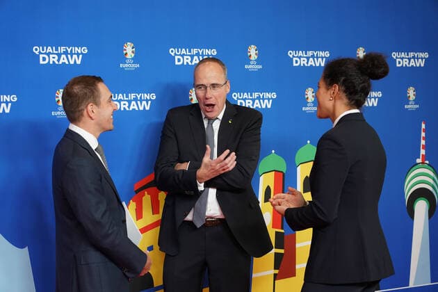 EURO2024 Ambassadors Philipp Lahm and Celia Sasic with Hesses Minister of the Interior Peter Beuth at the draw of the qualifying groups for the 2024 European Championship in Frankfurts Festhalle 09 10 2022 EURO2024 Qualifying Draw EM 2024 Draw of the qualifying groups, Festhalle Frankfurt