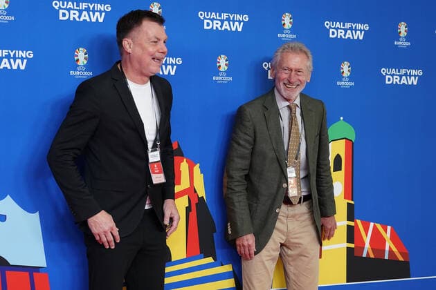 Thomas Helmer and Paul Breitner at the draw for the qualifying groups for the 2024 European Championship in the Festhalle Frankfurt 09 10 2022 EURO2024 Qualifying Draw EM 2024 draw for the qualifying groups, Festhalle Frankfurt