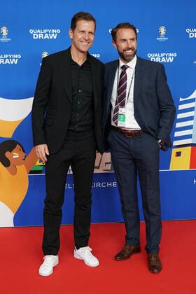 Manager of the national team Oliver Bierhoff Germany Germany with coach Gareth Southgate England at the draw of the qualifying groups for the European Championship 2024 in the Frankfurt Festhalle 09 10 2022 EURO2024 Qualifying Draw EM 2024 Draw of the qualifying groups, Festhalle Frankfurt
