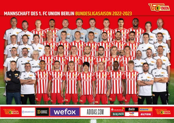 Team photo collage 1 R v l Managing Director Oliver Ruhnert, Coach Urs Fischer, Jamie Leweling, Kevin Möhwald, Andras Schäfer, Genki Haraguchi, Sven Michel, Sheraldo Becker, Tim Skarke, Co Coach Sebastian Bönig, Co Coach Markus Hoffmann, 2 R v l Supervisor Patrick Stiewe, Bus driver Martin Schäfter, team manager Susanne Kopplin, Tim Maciejewski, Milos Pantovic, Julian Ryerson, Tymoteusz Puchacz, Niko Gießelmann, Fabio Schneider, Kevin Behrens, masseur Thomas Riedel, physiotherapist Robert Kemna, 3 R v l athletic trainer Martin Krüger, rehab trainer Johannes Thienel, Match analyst Adrian Wittmann, Morten Thorsby, Janik Haberer, Paul Jaeckel, Paul Seguin, Levin Öztunali, Christopher Trimmel, Rani Khedira, doctor Clemens Gwinner, 4 R v l goalkeeper coach Michael Gspurning, rehab coach Johannes Thienel, Timo Baumgartl, Danilho Doekhi, goalkeeper Jakob Busk, goalkeeper Frederik Rönnow, Goalkeeper Lennart Grill, Diego Leite, Jordan Siebatcheu, physiotherapist Maximilian Perschk, physiotherapist Sven Kuhlbrodt 1 FC Union Berlin FCU Sport Fußball Bundesliga Herren DFL Porträttermin Saison 2022 2023 10 10 2022 squad, portrait, performance, presentation, press event, GER