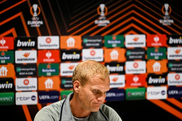 Union s head coach Karel Geraerts pictured during a press conference, PK, Pressekonferenz of Belgian soccer team Royale Union Saint-Gilloise, Wednesday 12 October 2022 in Leuven, in preparation of tomorrow s game against Portuguese Braga SC on the fourth day of the Uefa Europa League group stage. TOMxGOYVAERTS  x46928626x