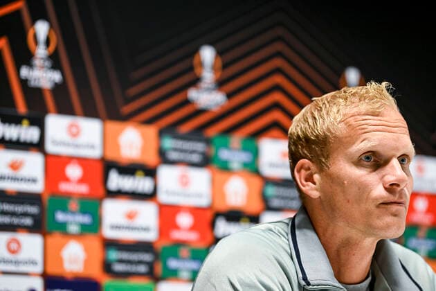 Union s head coach Karel Geraerts pictured during a press conference, PK, Pressekonferenz of Belgian soccer team Royale Union Saint-Gilloise, Wednesday 12 October 2022 in Leuven, in preparation of tomorrow s game against Portuguese Braga SC on the fourth day of the Uefa Europa League group stage. TOMxGOYVAERTS  x46929309x