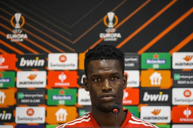 Ousseynou Ba of Olympiacos Olympiakos Piraeus speech during the press conference, PK, Pressekonferenz ahead of the UEFA Europa League Group G match between Qarabag FK and Olympiacos at Tofig Bahramov Stadium on October 12, 2022, in Baku, Azerbaijan. Copyright: xx olyp_training-8